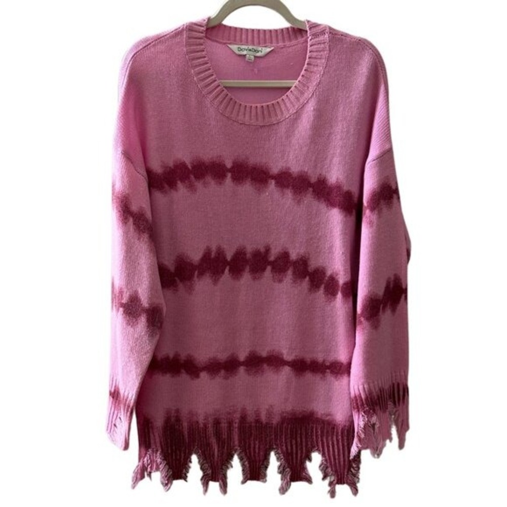 Davi & Dani Pink Tie-Dye Fringe Hem Knit Sweater - Size L